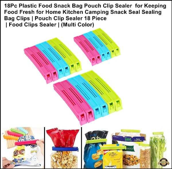 18Pc Plastic Food Snack Bag Pouch Clip Sealer for Keeping Food Fresh for Home Kitchen Camping Snack Seal Sealing Bag Clips (Multi Color) | Pouch Clip Sealer 18 Piece | Food Clips Sealer | 